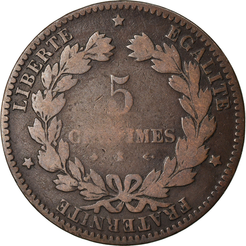 Coin, France, Cérès, 5 Centimes, 1877, Bordeaux, VF(20-25), Bronze, KM:821.2