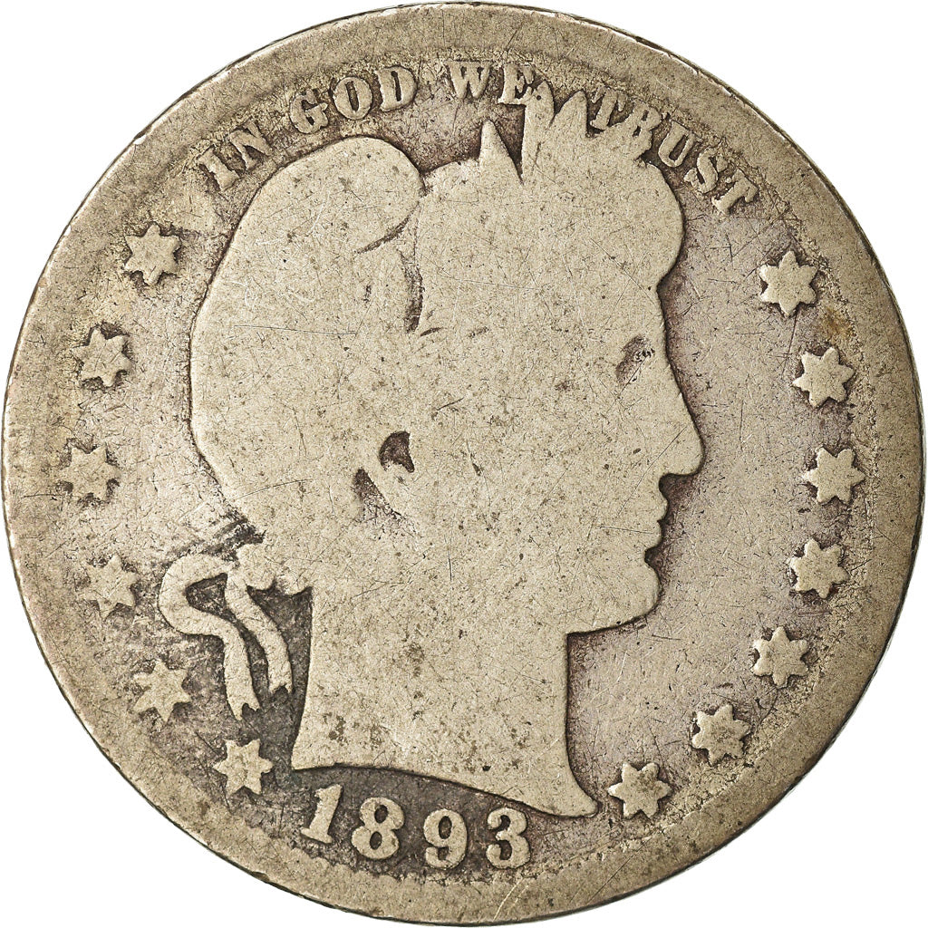 Monnaie, États-Unis, Barber Quarter, 1893, Philadelphie, B+