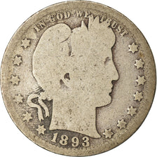 Monnaie, États-Unis, Barber Quarter, 1893, Philadelphie, B+