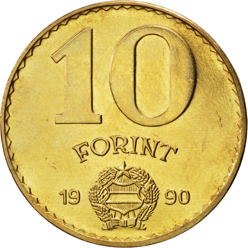 Coin, Hungary, 10 Forint, 1990, MS(63), Aluminum-Bronze, KM:739