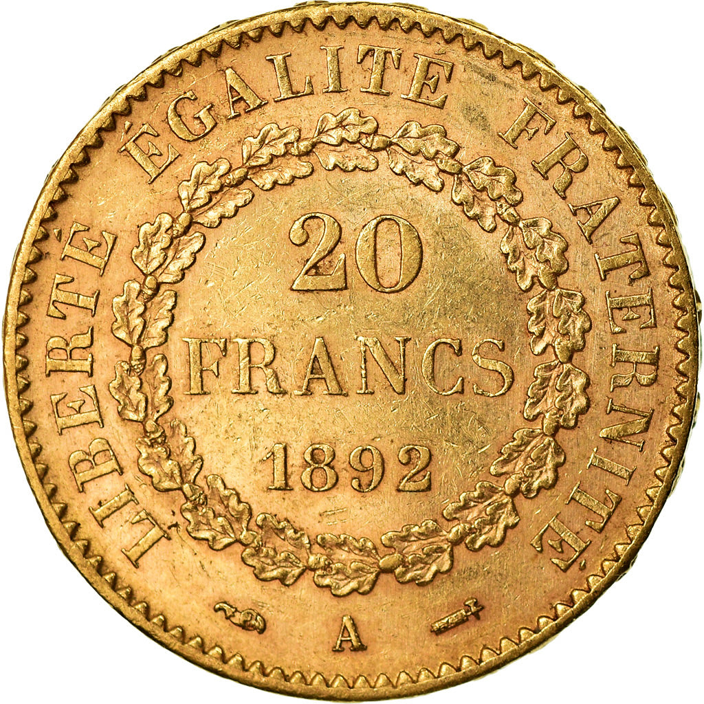 Moeda, França, Génie, 20 Francs, 1892, Paris, AU(50-53), Dourado, KM:825