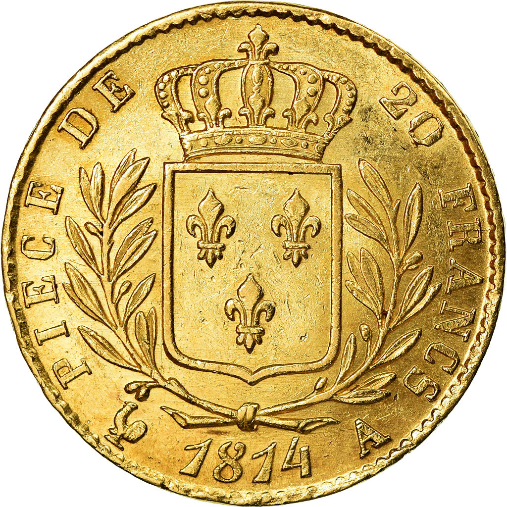 Moneda, Francia, Louis XVIII, 20 Francs, 1814, Paris, MBC+, Oro
