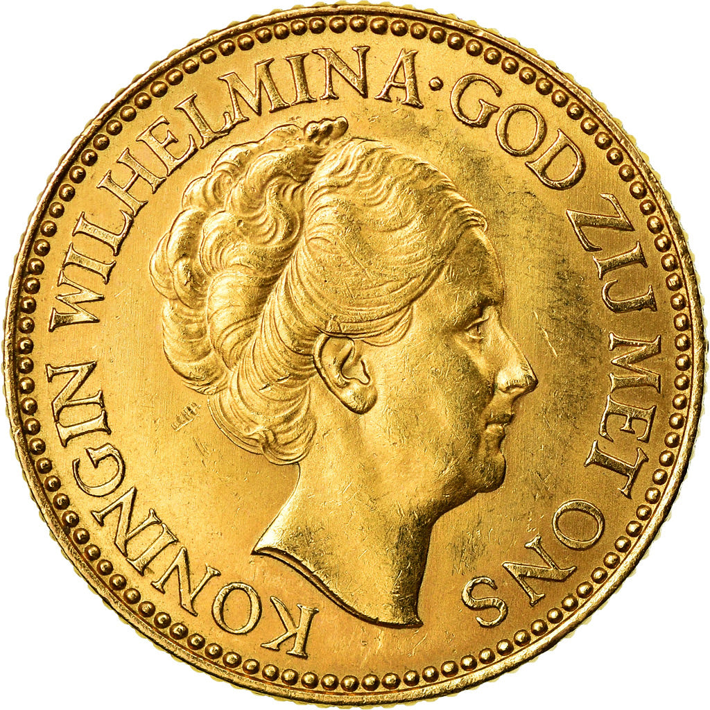Coin, Netherlands, Wilhelmina I, 10 Gulden, 1925, AU(55-58), Gold, KM:162
