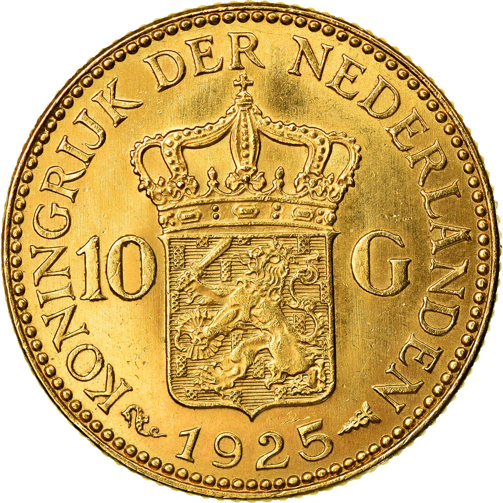 Coin, Netherlands, Wilhelmina I, 10 Gulden, 1925, AU(55-58), Gold, KM:162