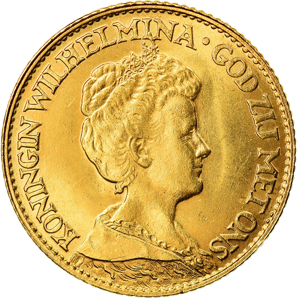 Coin, Netherlands, Wilhelmina I, 10 Gulden, 1917, AU(55-58), Gold, KM:149