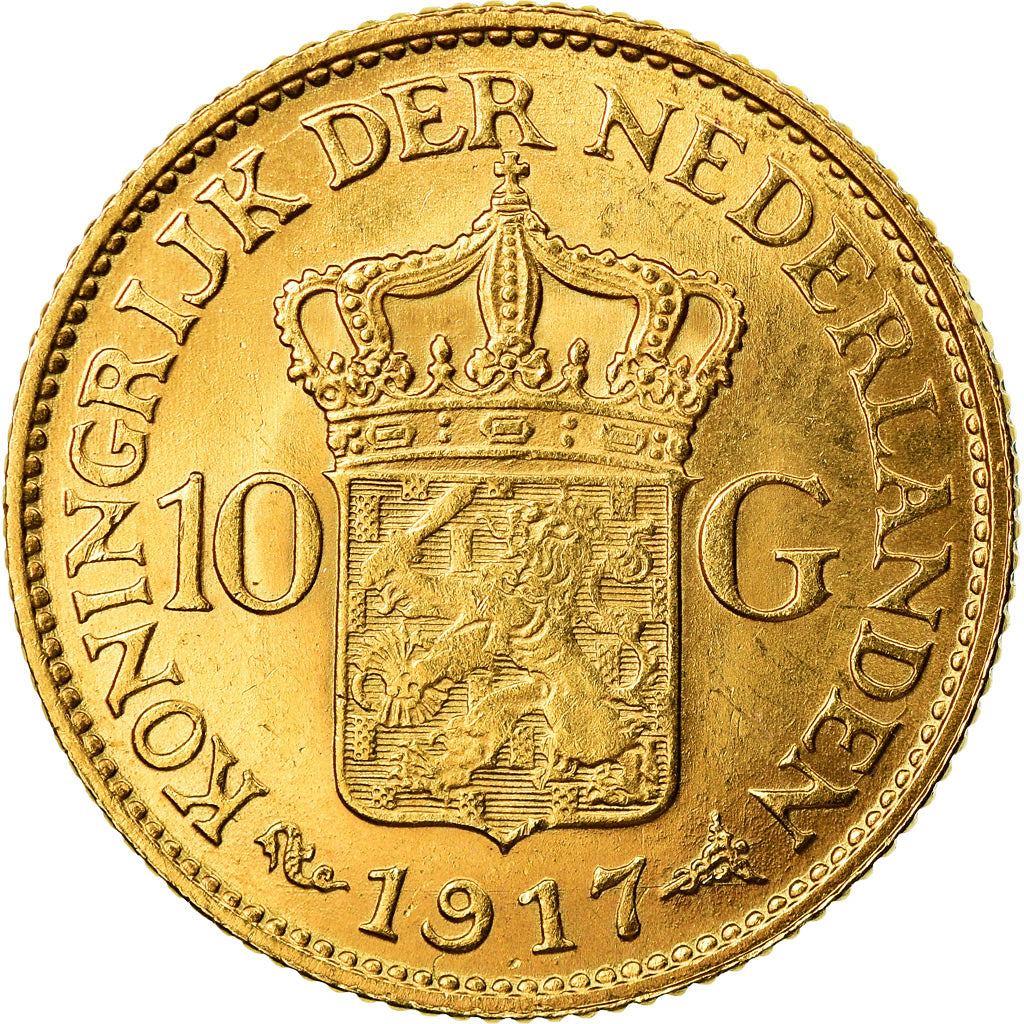 Coin, Netherlands, Wilhelmina I, 10 Gulden, 1917, AU(55-58), Gold, KM:149