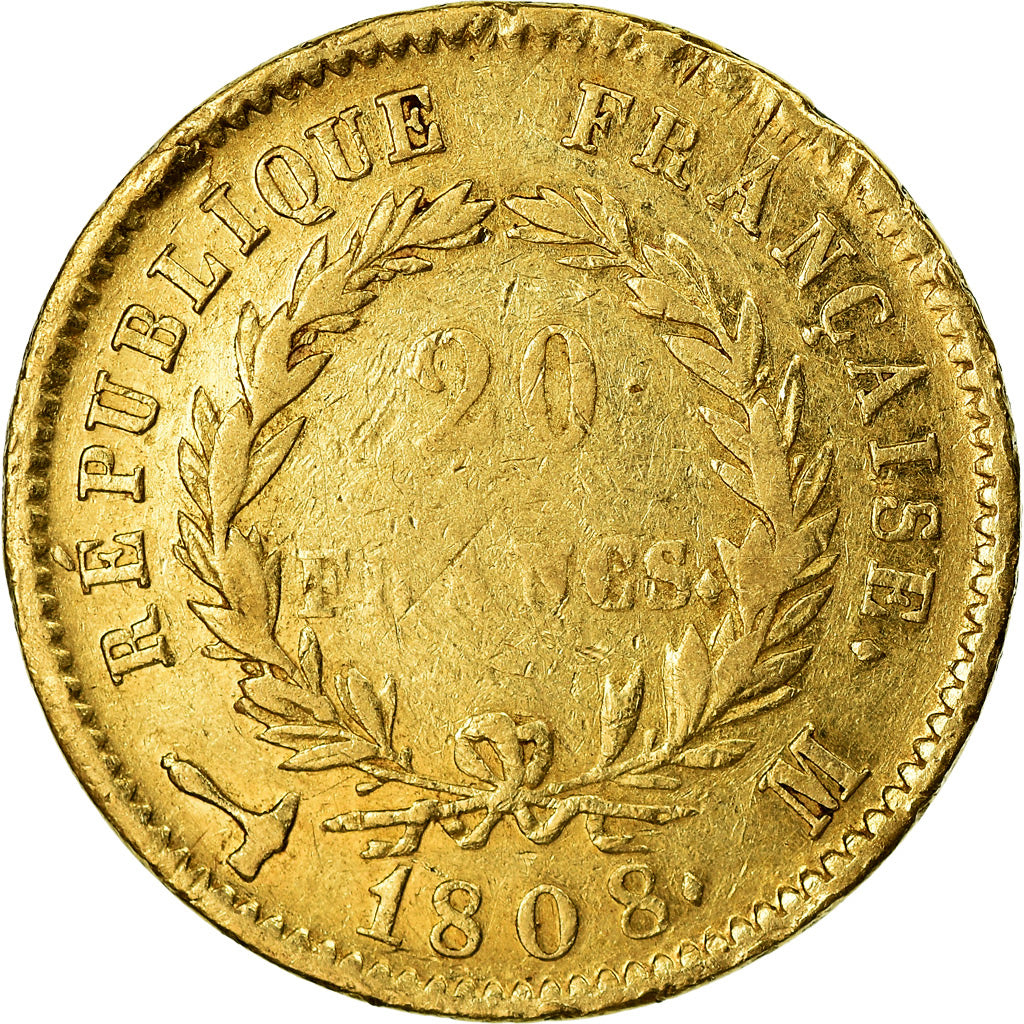 Moneta, Francia, Napoléon I, 20 Francs, 1808, Toulouse, MB+, Oro, KM:687.3