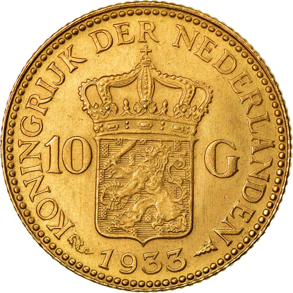 Coin, Netherlands, Wilhelmina I, 10 Gulden, 1933, AU(55-58), Gold, KM:162