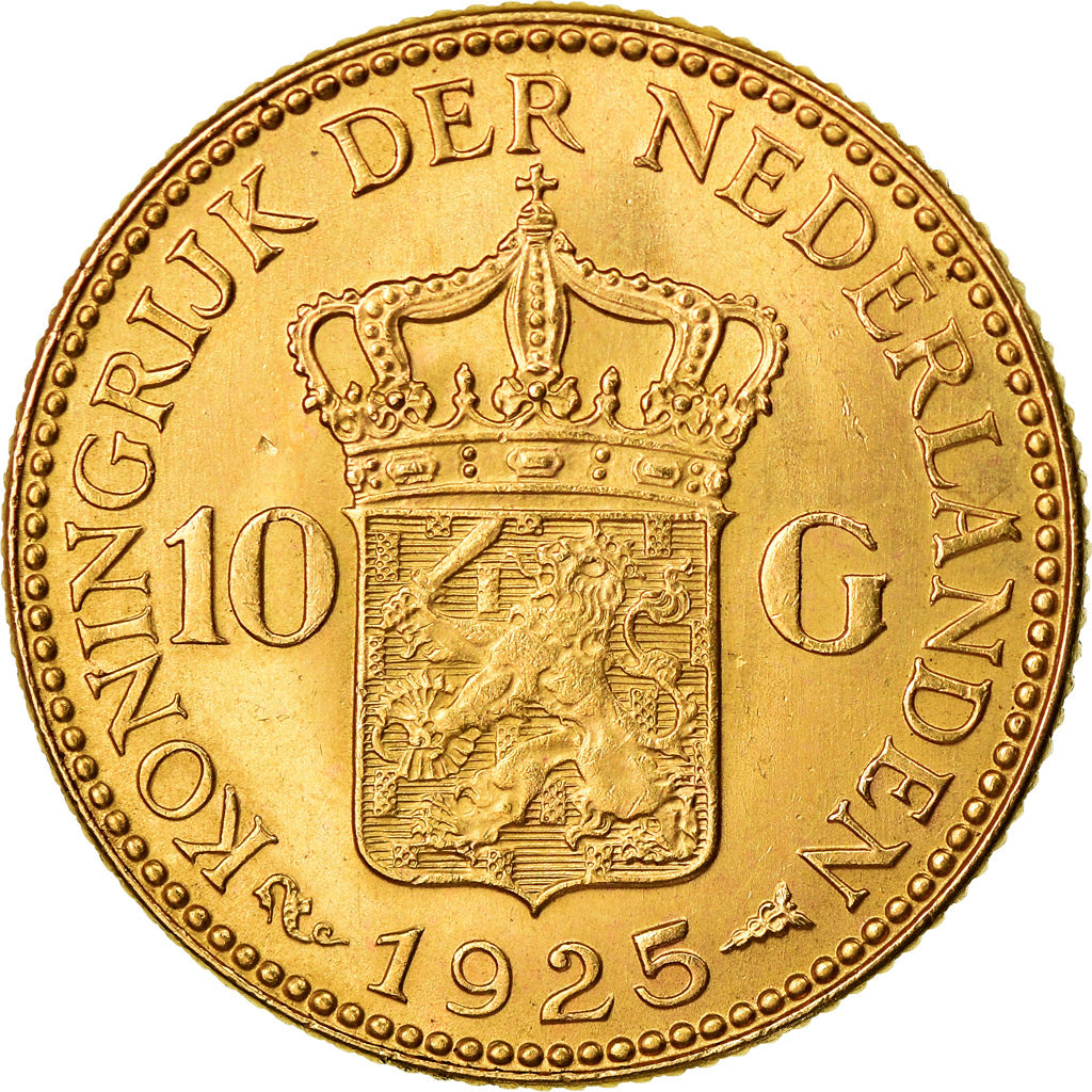 Coin, Netherlands, Wilhelmina I, 10 Gulden, 1925, AU(55-58), Gold, KM:162