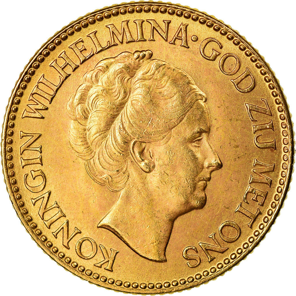 Coin, Netherlands, Wilhelmina I, 10 Gulden, 1925, AU(55-58), Gold, KM:162