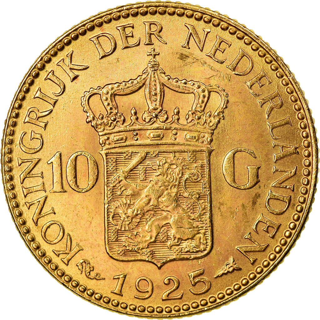 Coin, Netherlands, Wilhelmina I, 10 Gulden, 1925, AU(55-58), Gold, KM:162