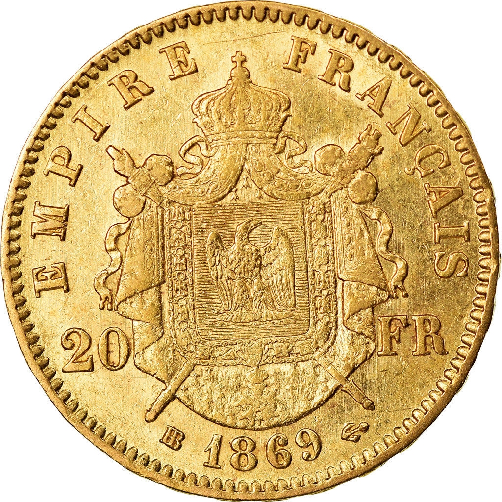 Moeda, França, Napoleon III, 20 Francs, 1869, Strasbourg, AU(55-58)