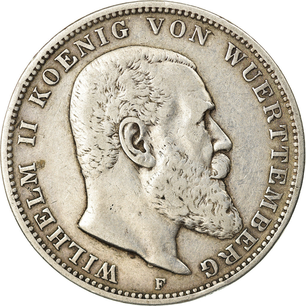Coin,German States,WURTTEMBERG,Wilhelm II,3 Mark,1909,EF(40-45),KM 635