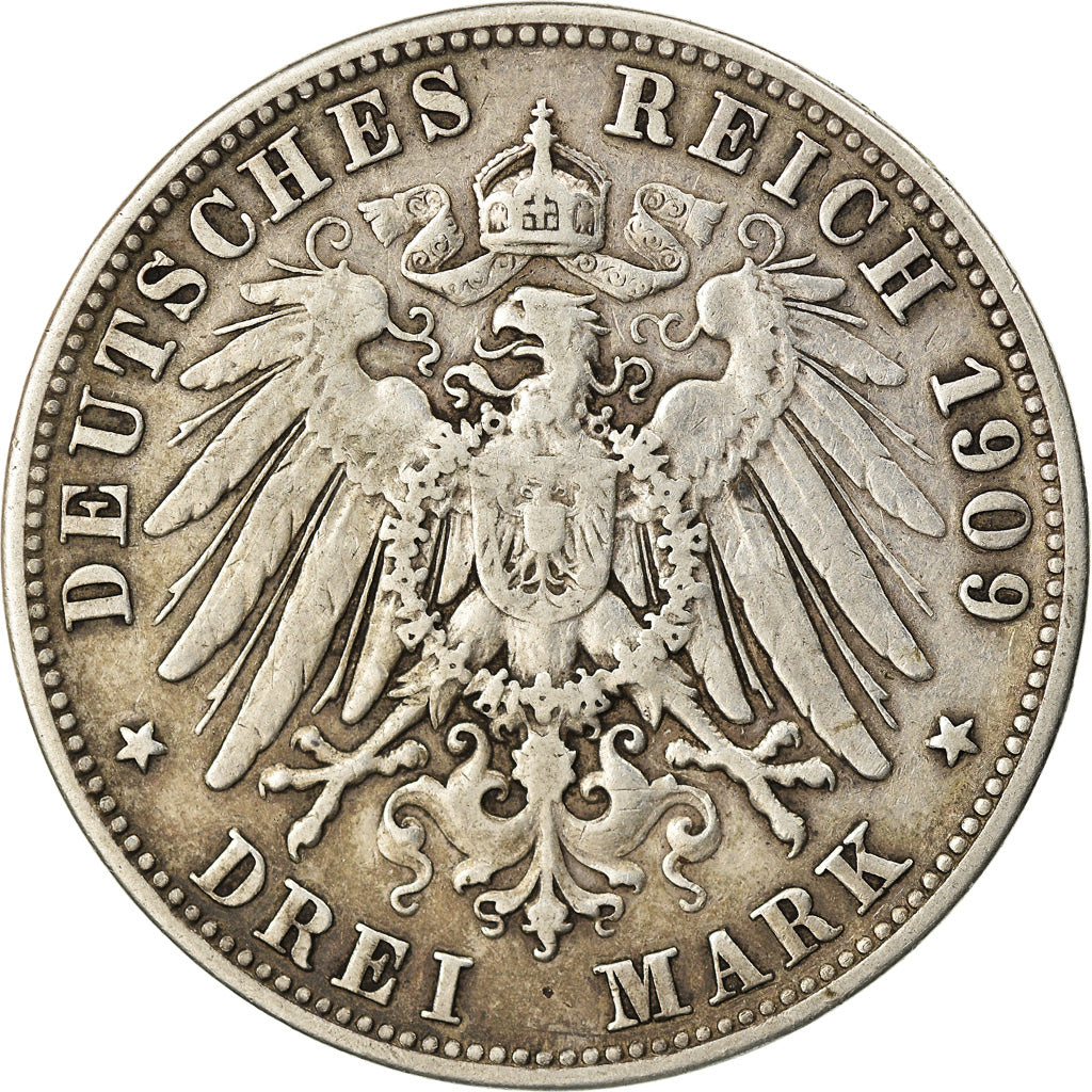 Coin,German States,WURTTEMBERG,Wilhelm II,3 Mark,1909,EF(40-45),KM 635