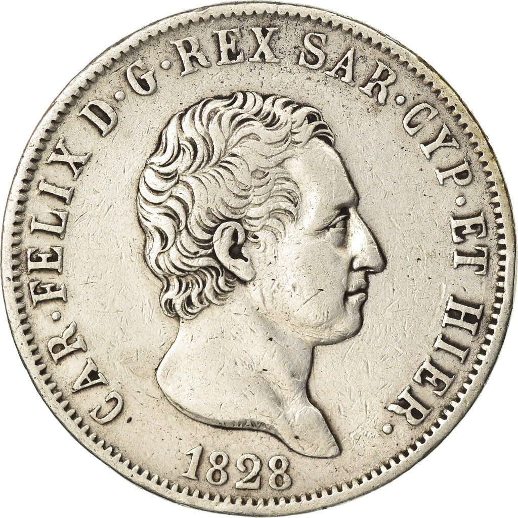 Moneta, DEPARTAMENTY WŁOSKIE, SARDINIA, Carlo Felice, 5 Lire, 1828, Genoa