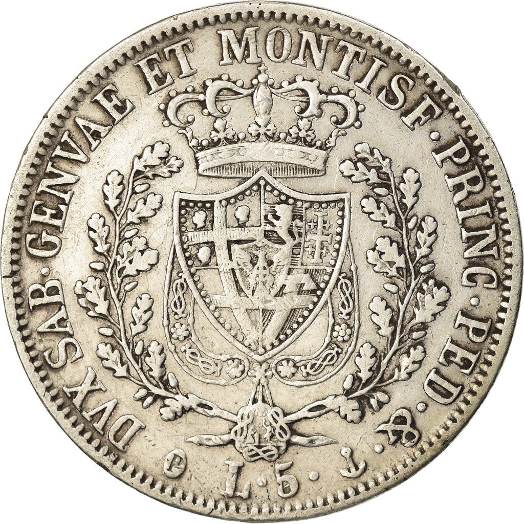 Moneta, DEPARTAMENTY WŁOSKIE, SARDINIA, Carlo Felice, 5 Lire, 1828, Genoa