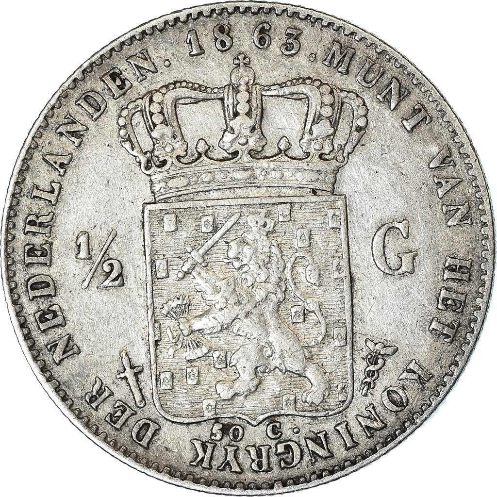 Coin, Netherlands, William III, 1/2 Gulden, 1863, EF(40-45), Silver, KM:92