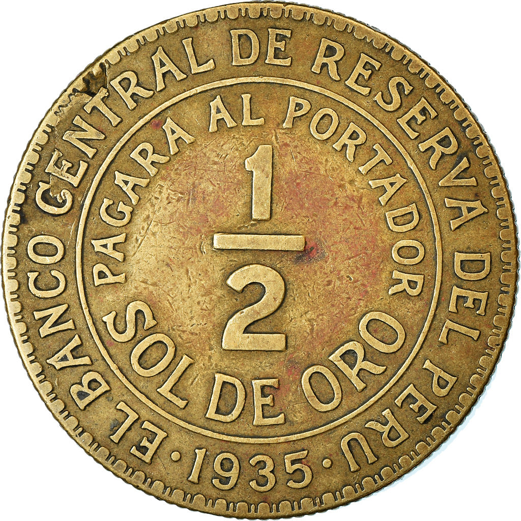 Coin, Peru, 1/2 Sol, 1935, London, VF(30-35), Brass, KM:220.1