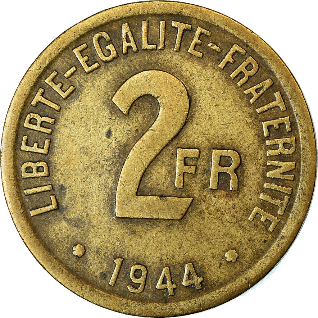 Moeda, França, France Libre, 2 Francs, 1944, Philadelphia, VF(20-25), Latão