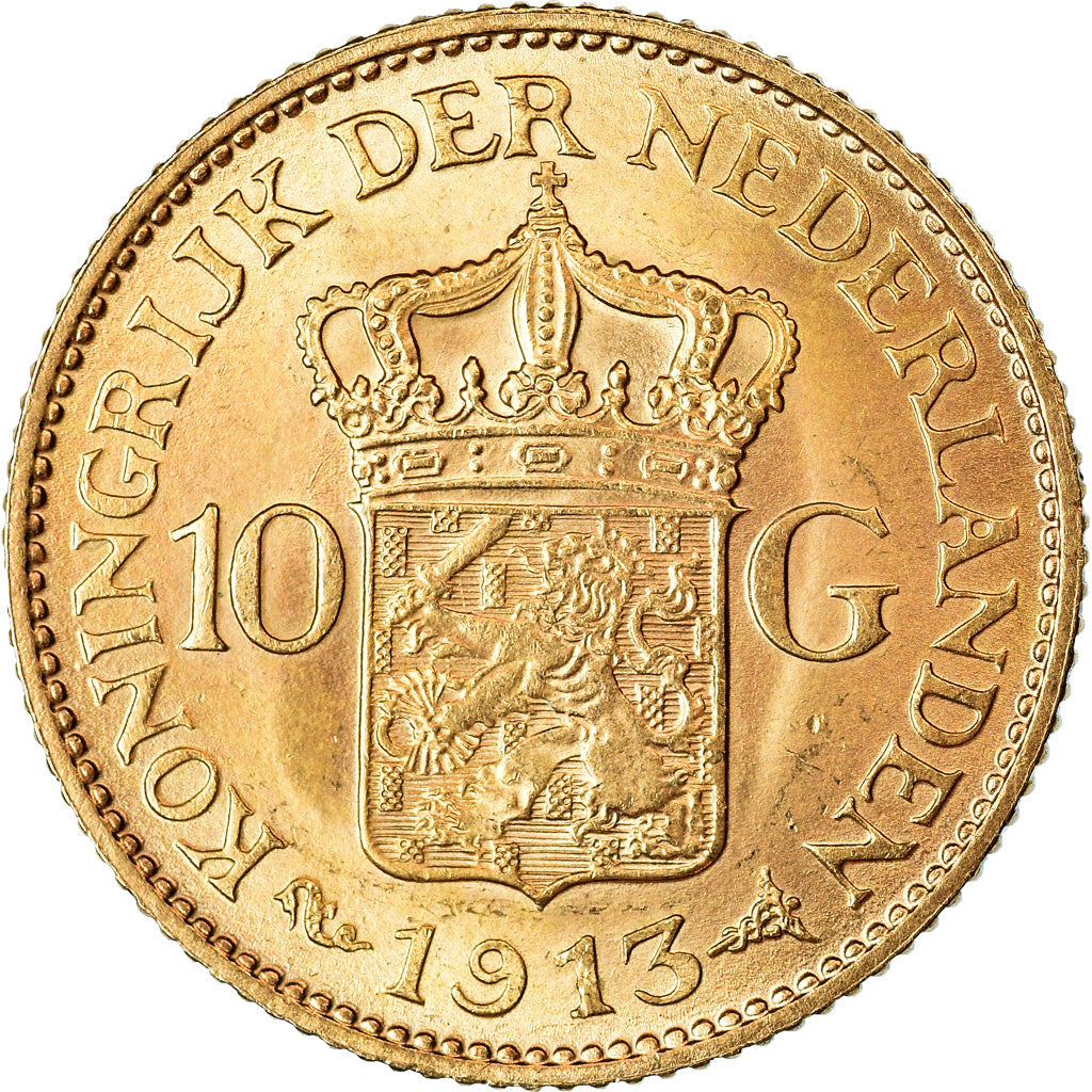 Coin, Netherlands, Wilhelmina I, 10 Gulden, 1913, AU(55-58), Gold, KM:149