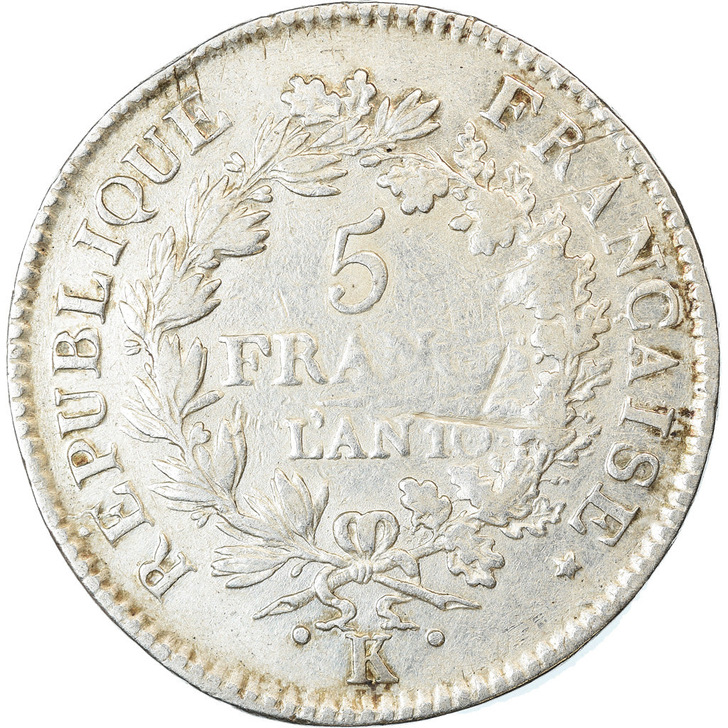 Moneta, Francia, Union et Force, 5 Francs, An 10, Bordeaux, MB+, Argento