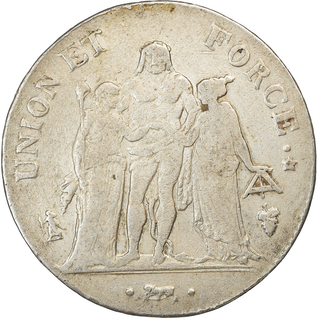Moneda, Francia, Union et Force, 5 Francs, AN 7, Perpignan, BC+, Plata
