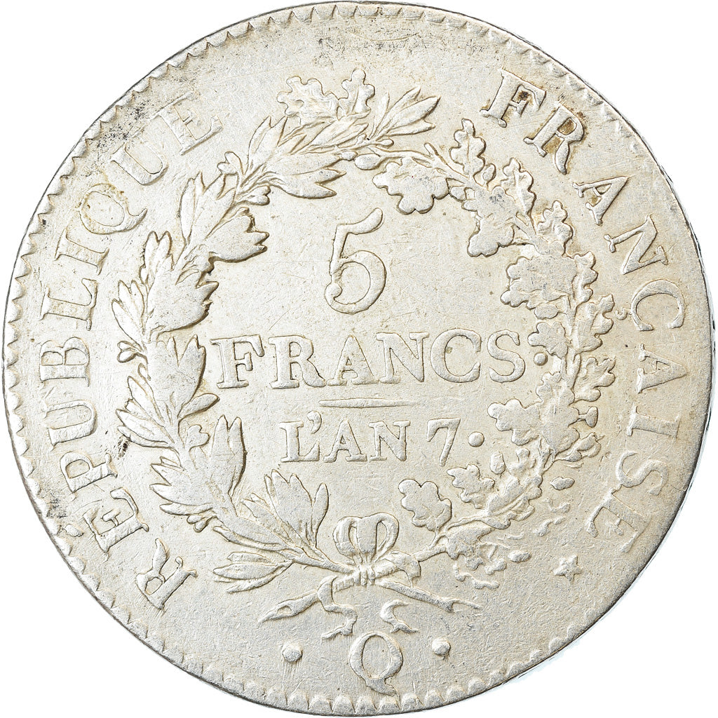 Moneda, Francia, Union et Force, 5 Francs, AN 7, Perpignan, BC+, Plata