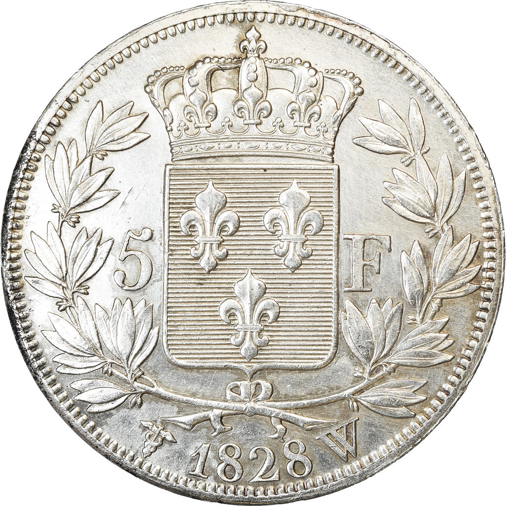Moeda, França, Charles X, 5 Francs, 1828, Lille, AU(50-53), Prata, KM:728.13