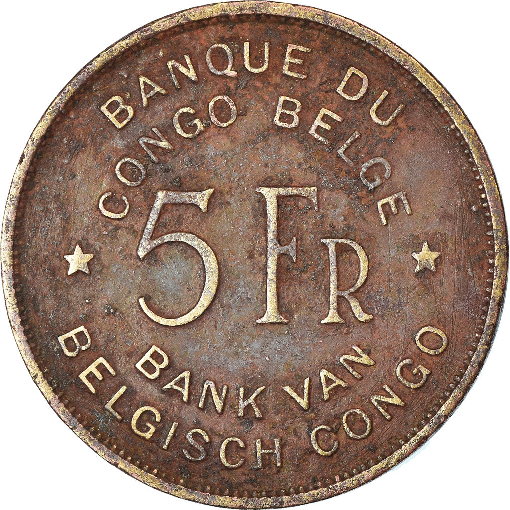 Coin, Belgian Congo, 5 Francs, 1947, VF(20-25), Brass, KM:29
