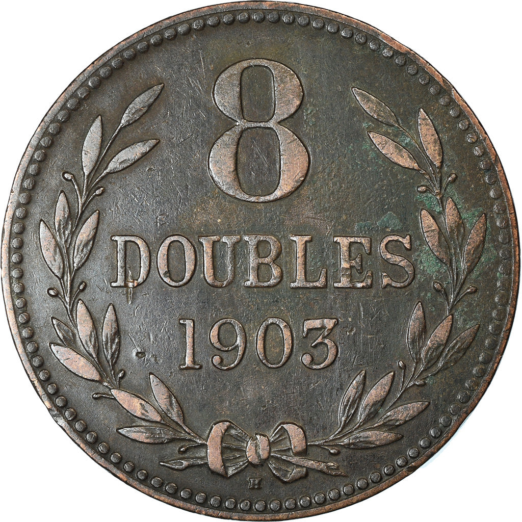 Coin, Guernsey, 8 Doubles, 1903, Heaton, Birmingham, EF(40-45), Bronze, KM:7