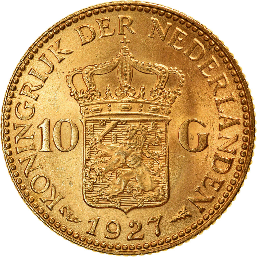 Coin, Netherlands, Wilhelmina I, 10 Gulden, 1927, MS(60-62), Gold, KM:162