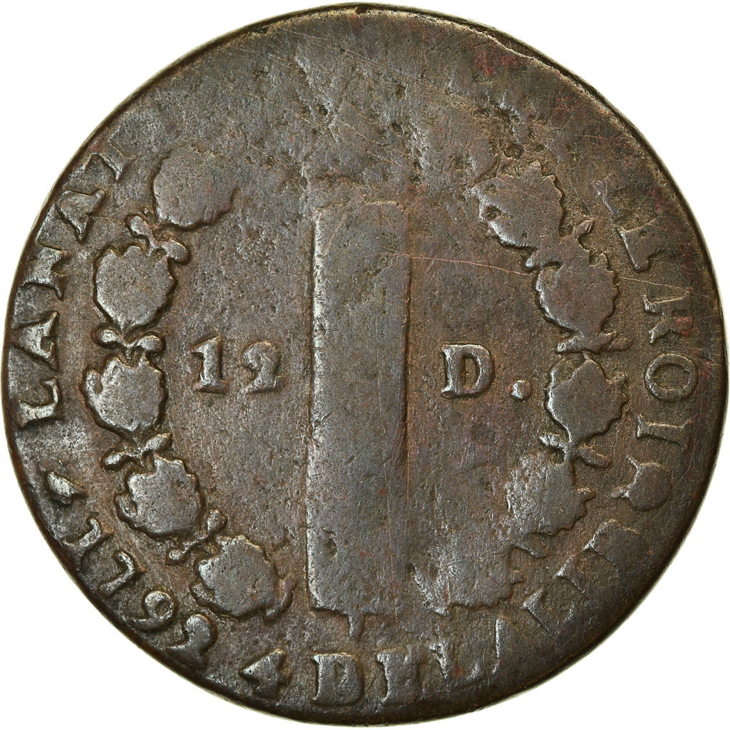 Coin, France, 12 deniers françois, 1792, Montpellier, F(12-15), KM 600.12