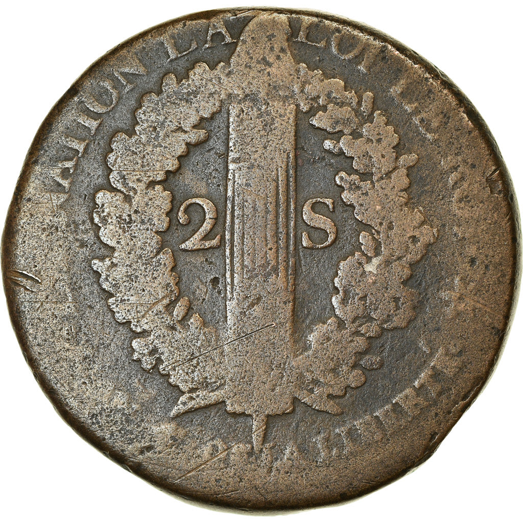 Moeda, França, 2 sols françois, 1792, Strasbourg, F(12-15), Bronze