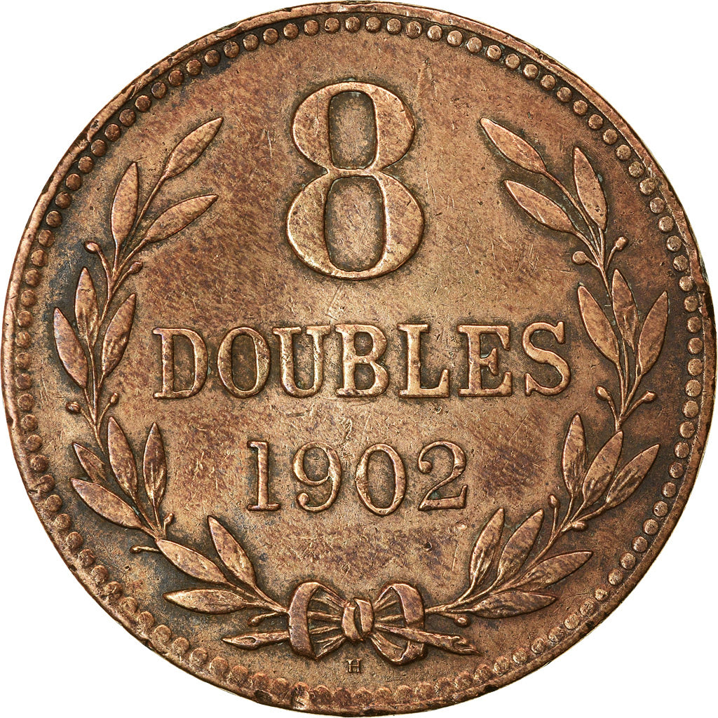 Coin, Guernsey, 8 Doubles, 1902, Heaton, Birmingham, EF(40-45), Bronze, KM:7