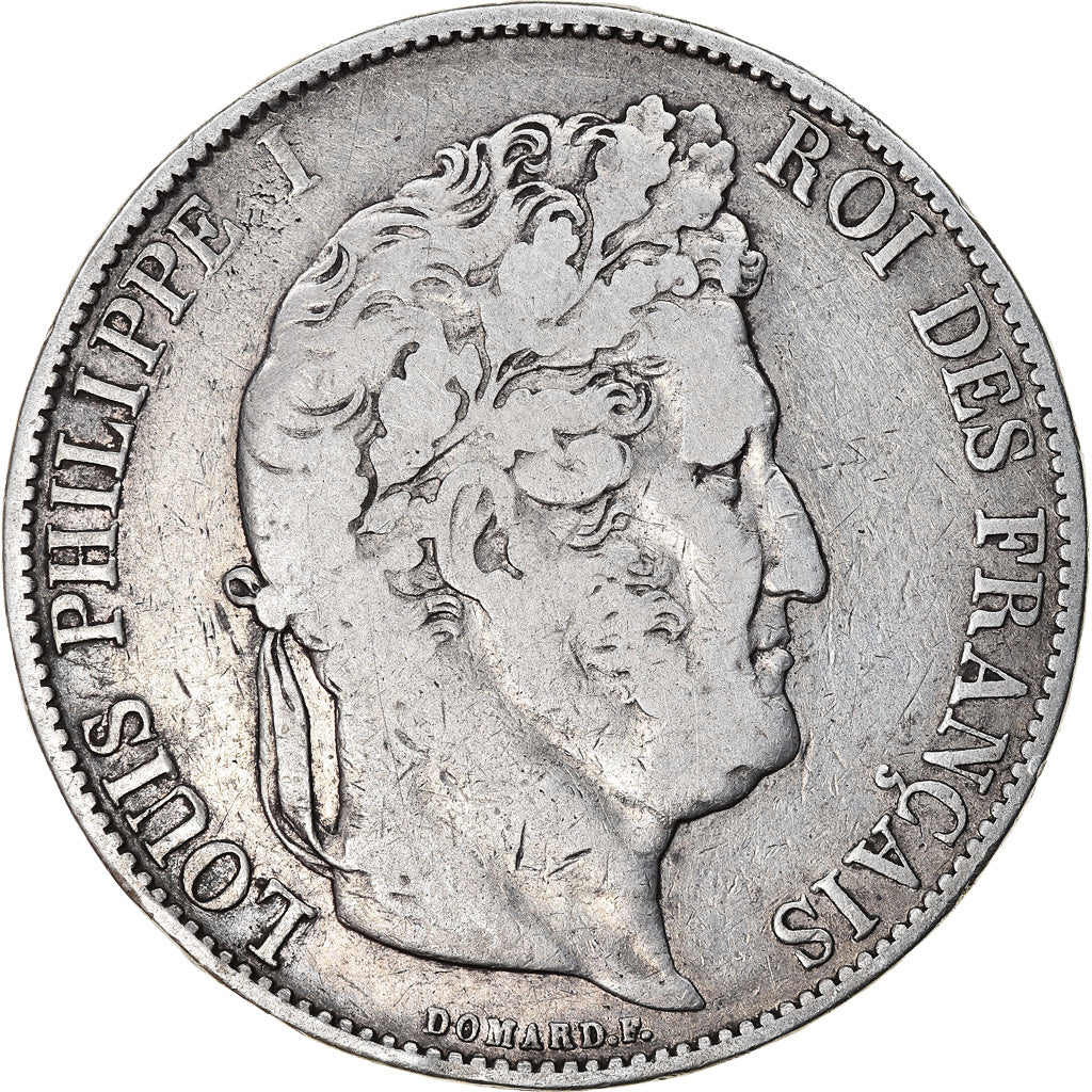 Moneta, Francia, Louis-Philippe, 5 Francs, 1845, Strasbourg, MB+, Argento