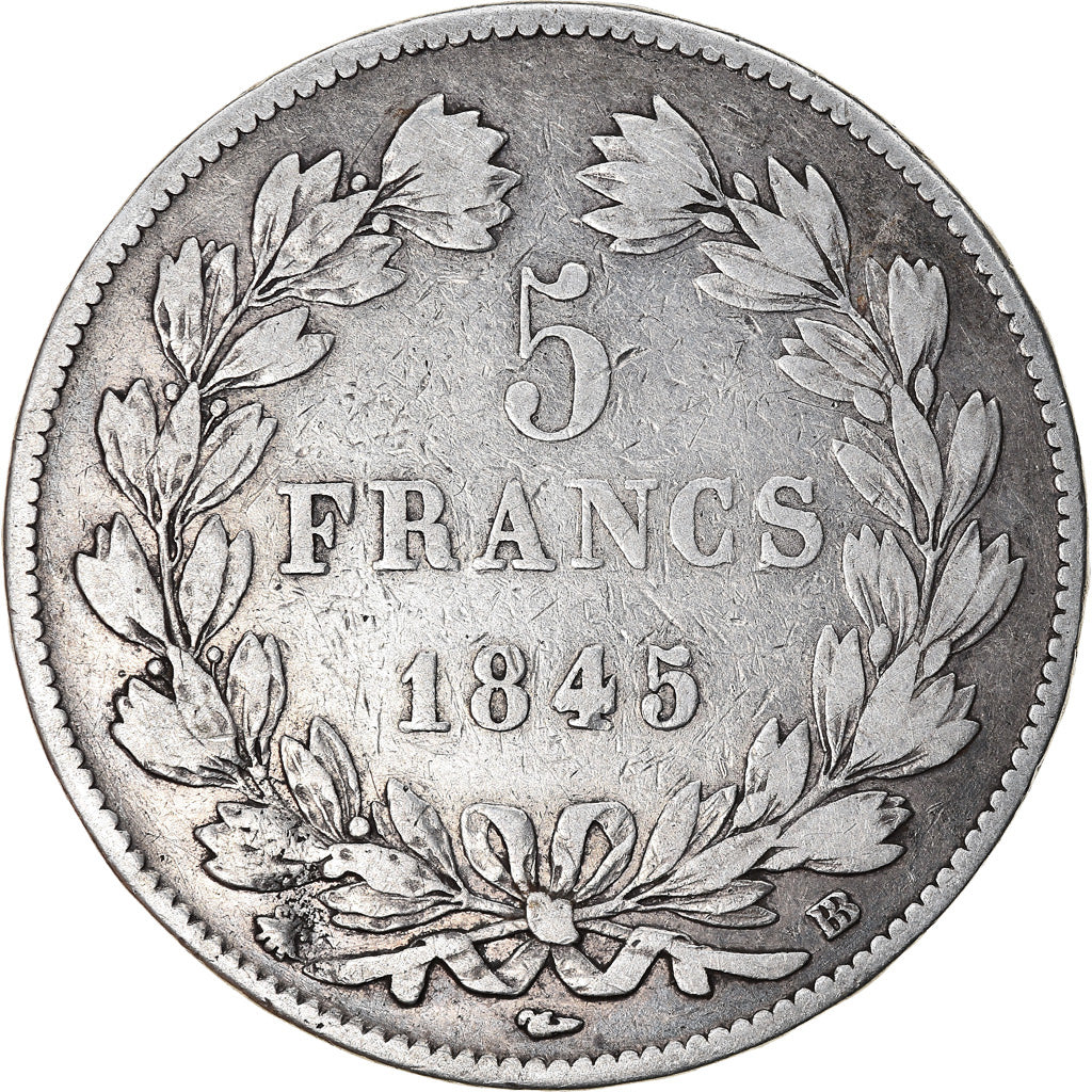 Moneta, Francia, Louis-Philippe, 5 Francs, 1845, Strasbourg, MB+, Argento
