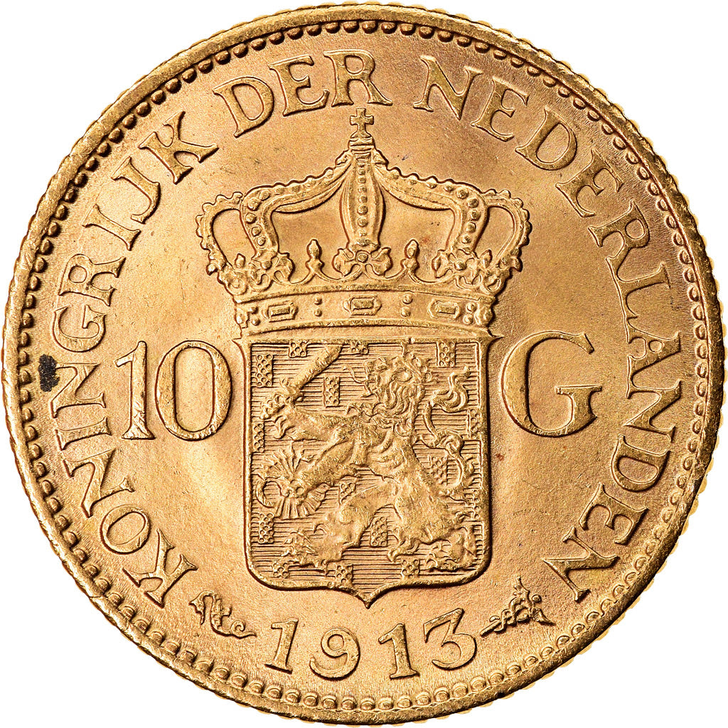 Coin, Netherlands, Wilhelmina I, 10 Gulden, 1913, AU(55-58), Gold, KM:149
