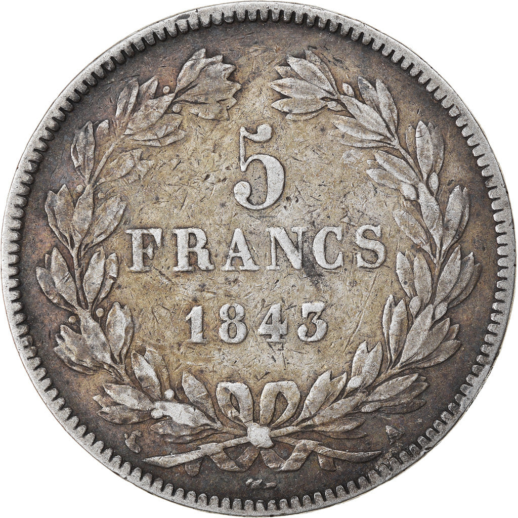 Moneta, Francia, Louis-Philippe, 5 Francs, 1843, Paris, MB, Argento, KM:749.1