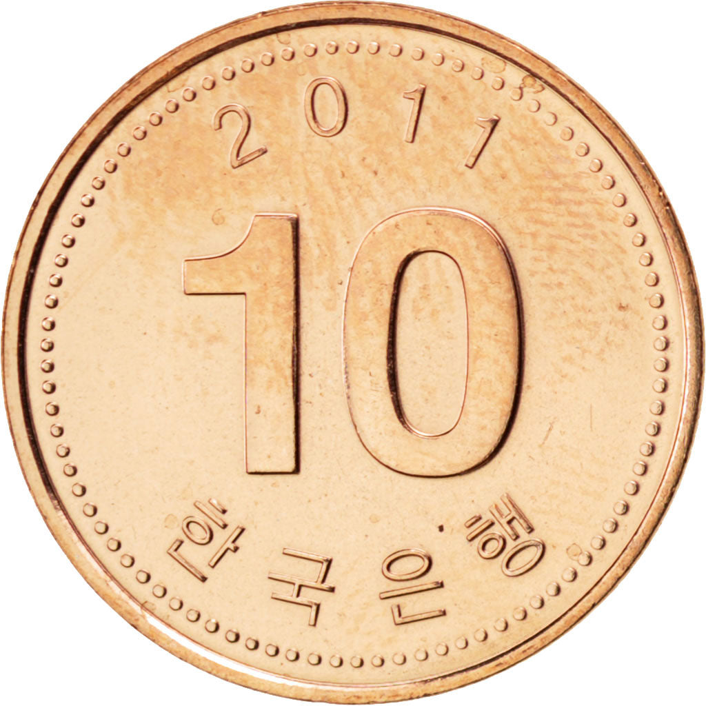 Coin, KOREA-SOUTH, 10 Won, 2011, MS(63), Copper Clad Aluminum, KM:103