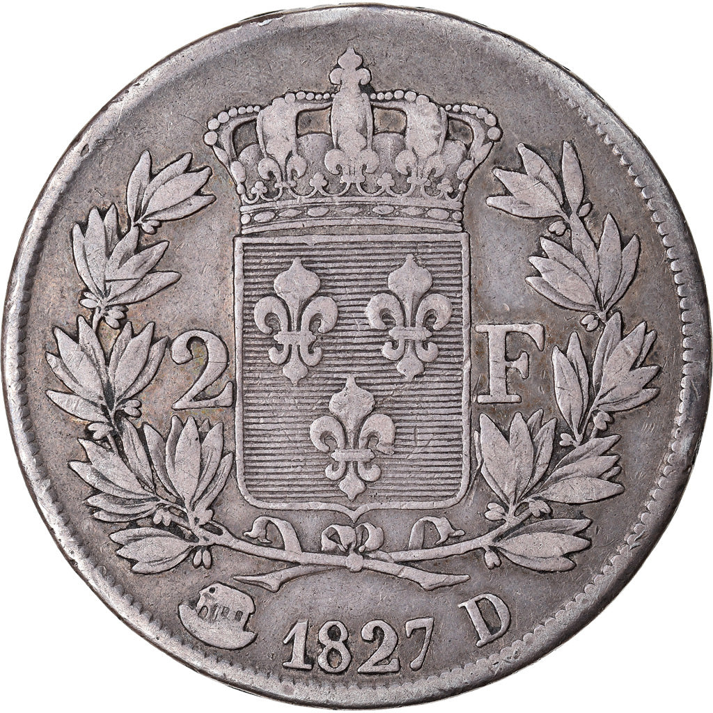 Coin, France, Charles X, 2 Francs, 1827, Lyon, VF(30-35), Silver, KM:725.4