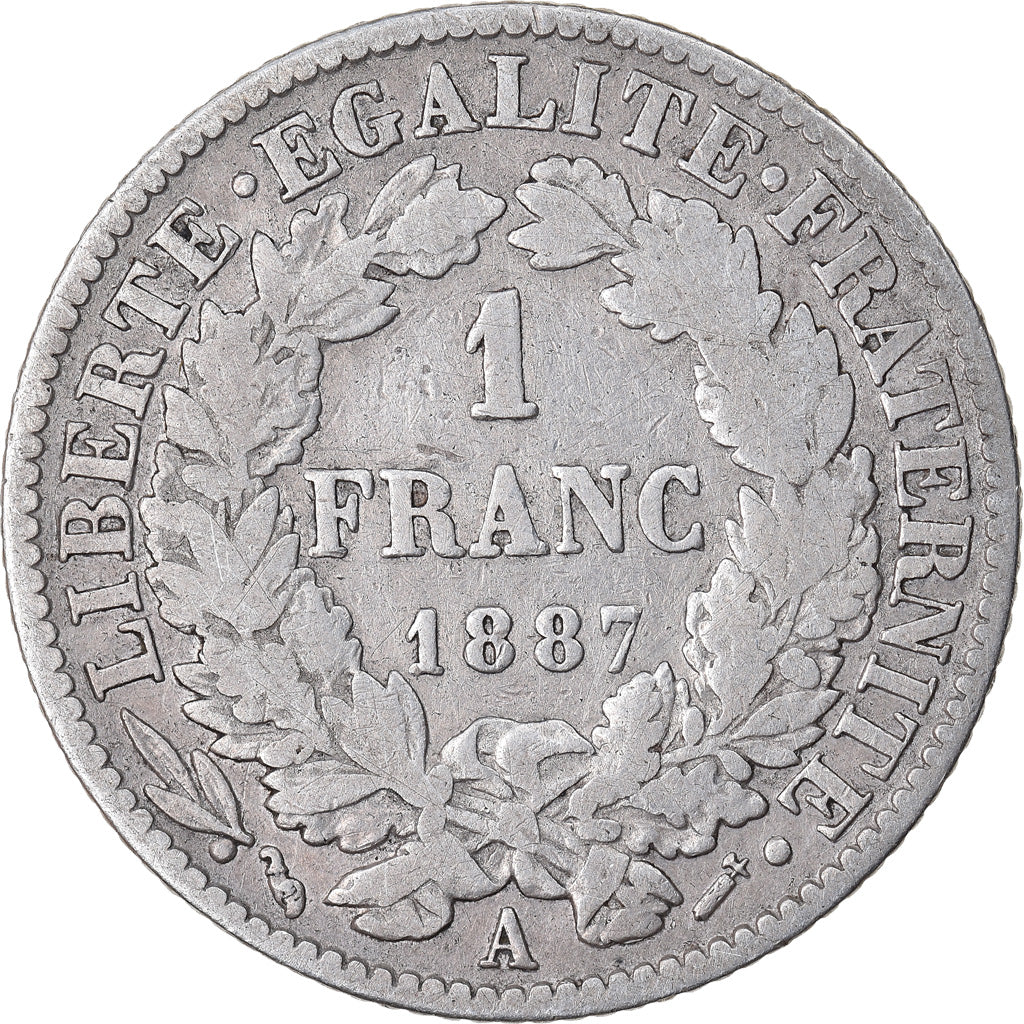 Monnaie, France, Cérès, Franc, 1887, Paris, TB, Argent, Gadoury:465a, KM:822.1