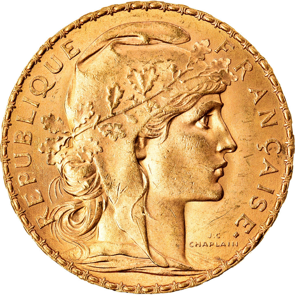 Moeda, França, Marianne, 20 Francs, 1914, Paris, MS(60-62), Dourado, KM:857