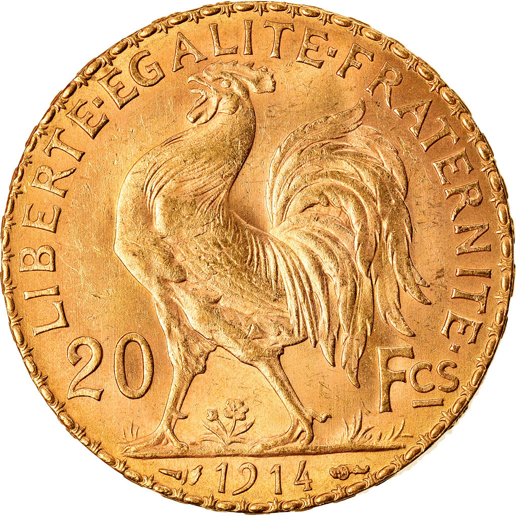 Moeda, França, Marianne, 20 Francs, 1914, Paris, MS(60-62), Dourado, KM:857