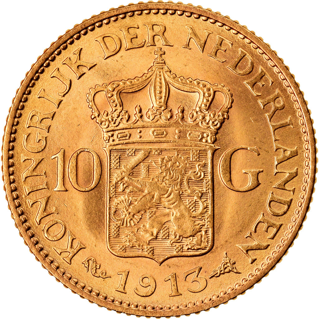 Coin, Netherlands, Wilhelmina I, 10 Gulden, 1913, AU(50-53), Gold, KM:149