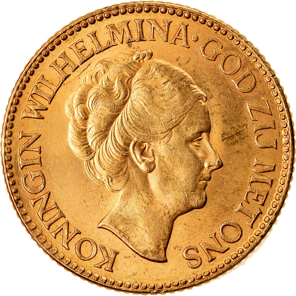 Coin, Netherlands, Wilhelmina I, 10 Gulden, 1927, AU(55-58), Gold, KM:162