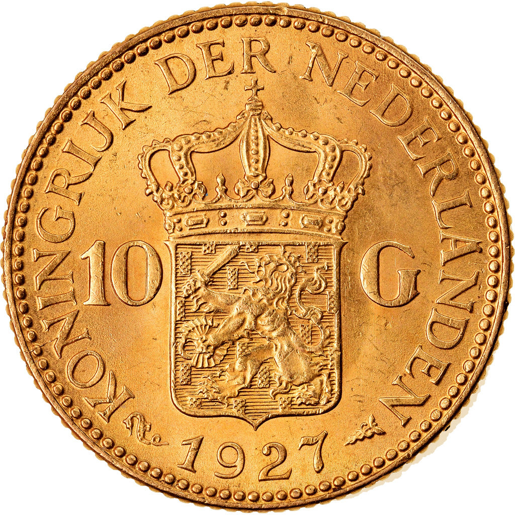 Coin, Netherlands, Wilhelmina I, 10 Gulden, 1927, AU(55-58), Gold, KM:162