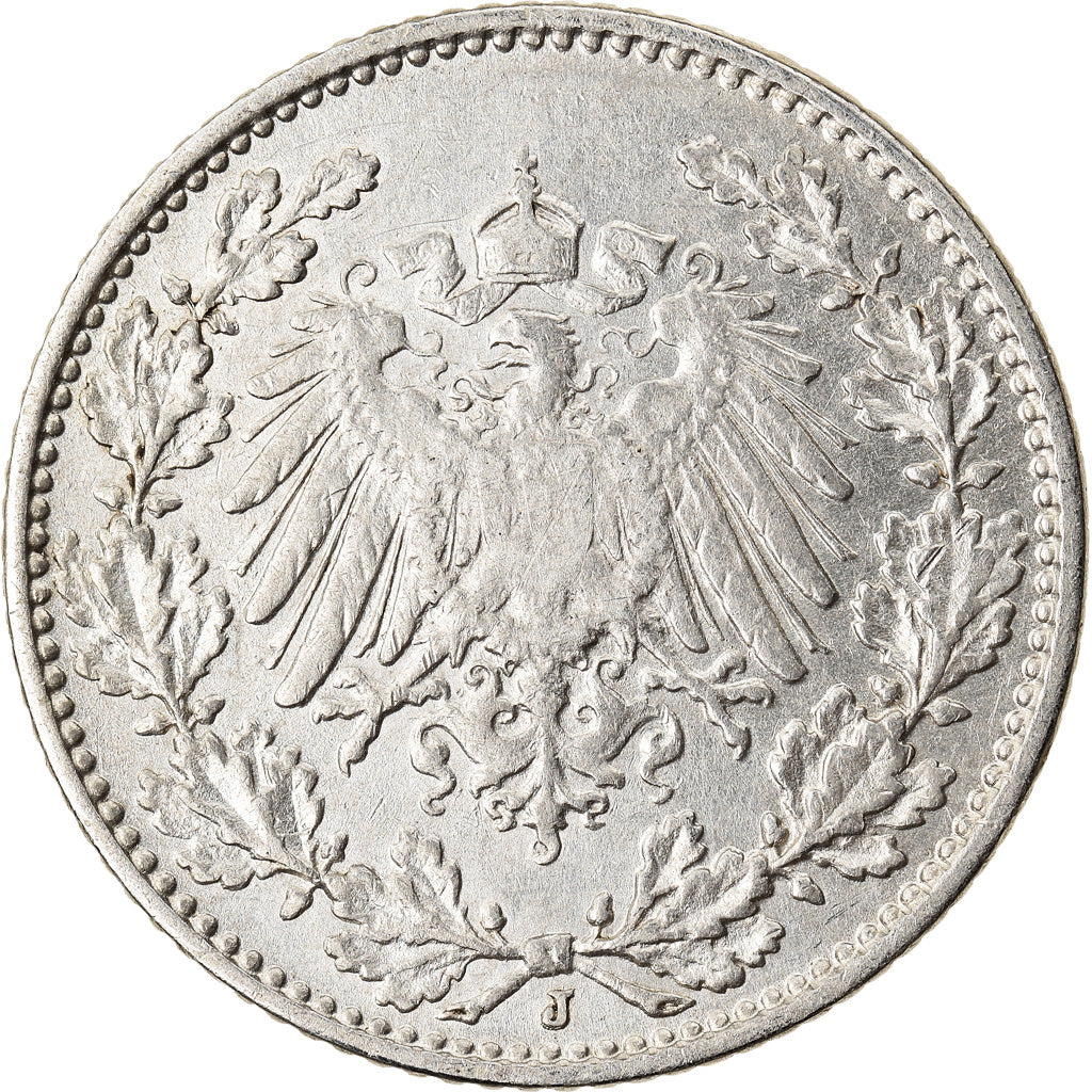 Munten, DUITSLAND - KEIZERRIJK, 1/2 Mark, 1914, Hambourg, ZF+, Zilver, KM:17