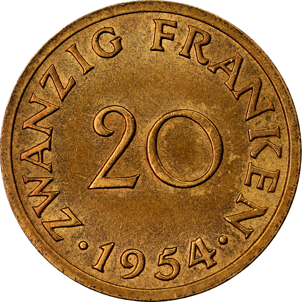 Coin, SAARLAND, 20 Franken, 1954, Paris, AU(55-58), Aluminum-Bronze, KM:2