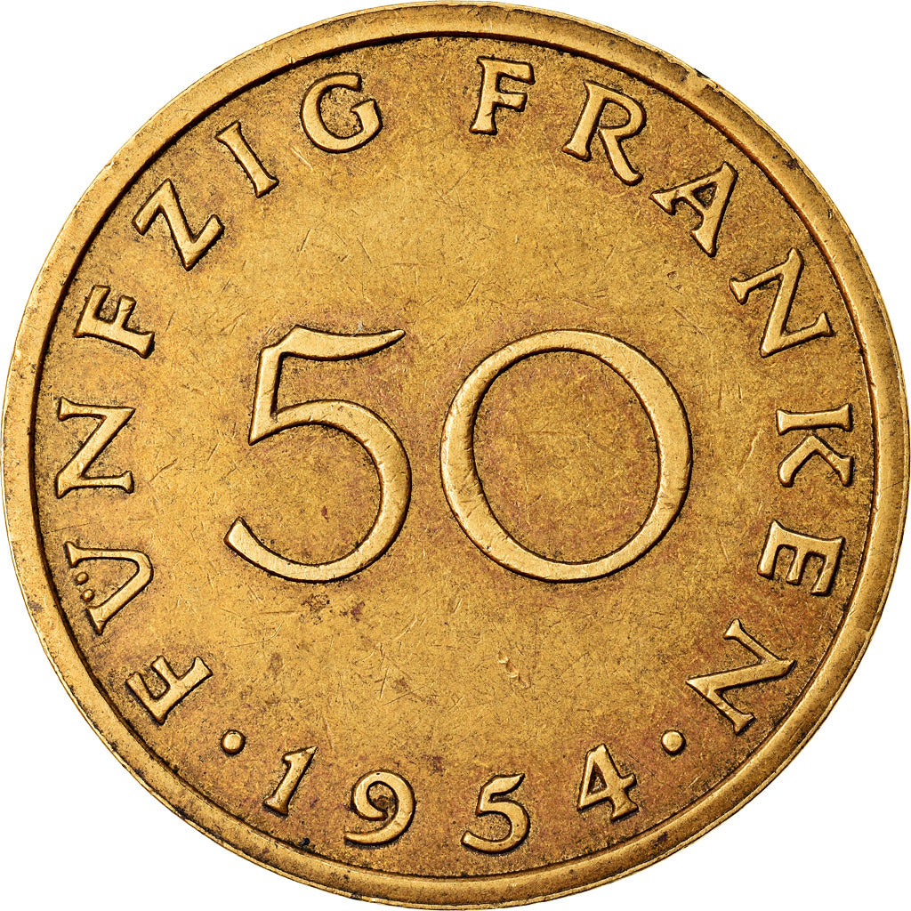 Coin, SAARLAND, 50 Franken, 1954, Paris, AU(50-53), Aluminum-Bronze, KM:3