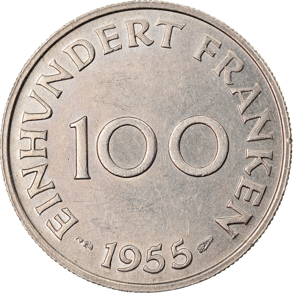 Coin, SAARLAND, 100 Franken, 1955, Paris, AU(55-58), Copper-nickel, KM:4